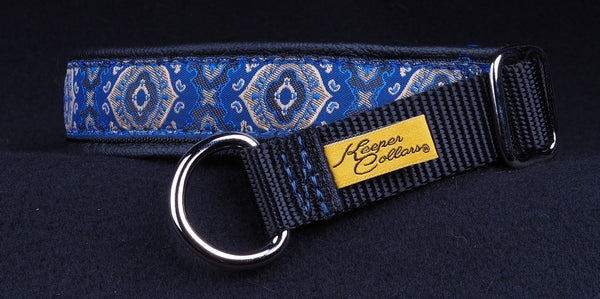 1 Inch Collar Blue God's Eye on Black Web with Black Leather and Chrome Hardware Keeper Collars