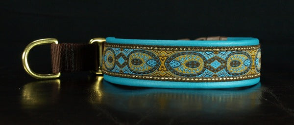 1 Inch Collar Blue Konta on Brown Web with Teal Leather and Brass Hardware