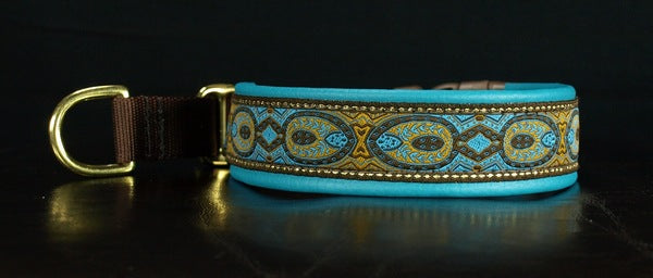 1 Inch Collar Blue Konta on Brown Web with Teal Leather and Brass Hardware Keeper Collars