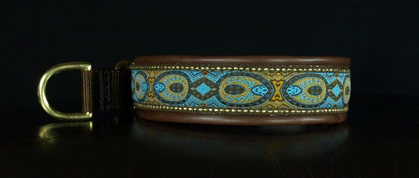 1 Inch Collar Blue Konta on Brown Web with Brown Leather and Brass Hardware Keeper Collars