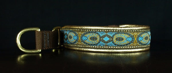 1 Inch Collar Blue Konta on Brown Web with Gold Leather and Brass Hardware
