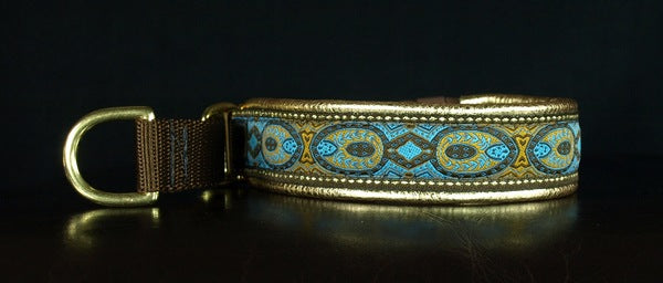 1 Inch Collar Blue Konta on Brown Web with Gold Leather and Brass Hardware Keeper Collars