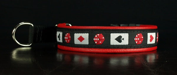 1 Inch Collar Cards and Dice on Black Web with Red Leather and Chrome Hardware
