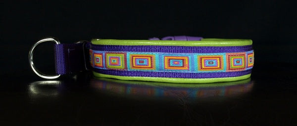 1 Inch Collar Colored Squares on Purple Web with Lime Green Leather and Chrome Hardware