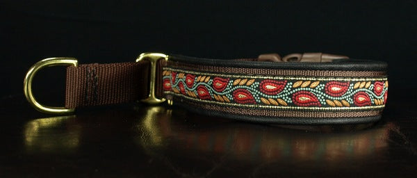 1 Inch Collar Flame Leaves on Brown Web with Black Leather and Brass Hardware