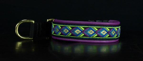 1 Inch Collar Gold and Lime Green Arrowhead on Black Web with Med. Purple Leather and Brass Hardware