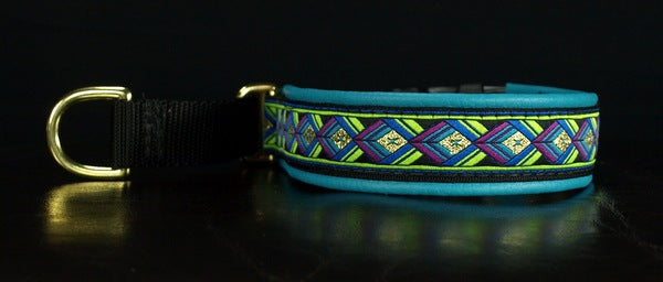 1 Inch Collar Gold and Lime Green Arrowhead on Black Web with Teal Leather and Brass Hardware Keeper Collars