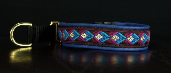 1 Inch Collar Gold, Purple and Blue Arrowhead on Black Web with Lt. Navy Leather and Brass Hardware