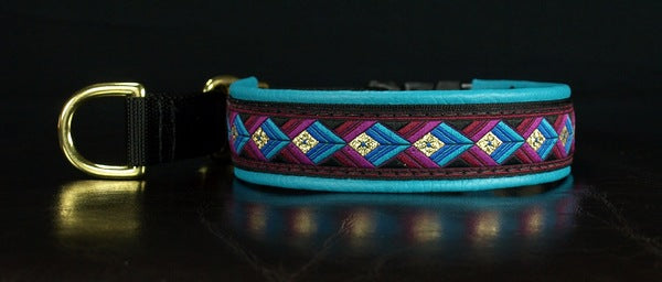1 Inch Collar Gold, Purple and Blue Arrowhead on Black Web with Teal Leather and Brass Hardware Keeper Collars