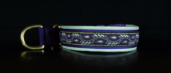 1 Inch Collar Gold and Purple Leaves on Purple Web with Mint Leather and Brass Hardware