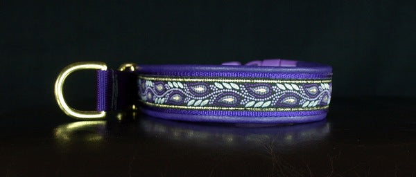 1 Inch Collar Gold and Purple Leaves on Purple Web with Purple Leather and Brass Hardware Keeper Collars