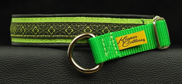 1 Inch Collar Green Geo with Lime Green Web with Black Leather and Chrome Hardware