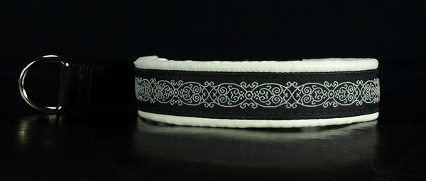 1 Inch Collar Masquerade on Black Web with White Leather and Chrome Hardware Keeper Collars