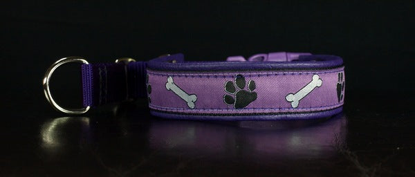 1 Inch Collar Purple Paws on Purple Web with Purple Leather and Chrome Hardware Keeper Collars