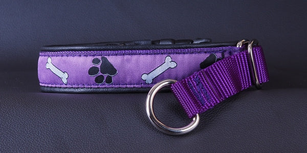 1 Inch Collar Purple Paws and Bones on Purple Web with Black Leather and Chrome Hardware