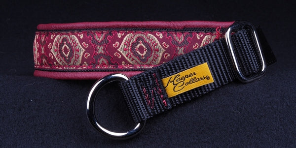 1 Inch Collar Red God's Eye on Black Web with Burgundy Leather and Chrome Hardware Keeper Collars