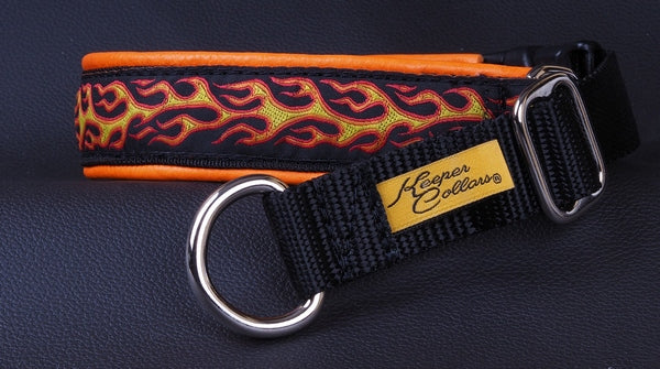 1 Inch Collar Red and Orange Flames on Black Web with Orange Leather and Chrome Hardware