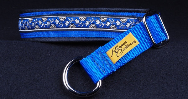 1 Inch Collar Silver, Gold and Blue Tulips on Royal Blue Web with Black Leather and Chrome Hardware