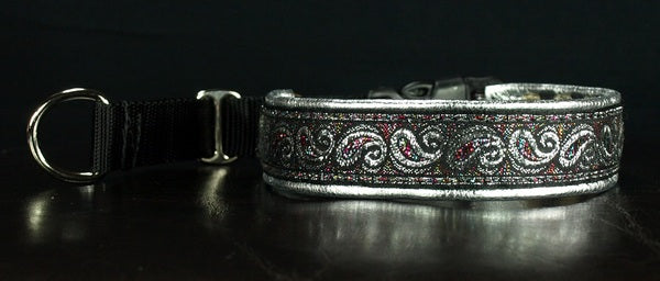 1 Inch Collar Silver Paisley with Colors on Black Web with Silver Leather and Chrome Hardware Keeper Collars