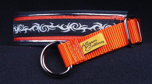 1 Inch Double Leather Collar Silver Tribal on Orange Web with Metallic Silver and Black Leather and Chrome Hardware