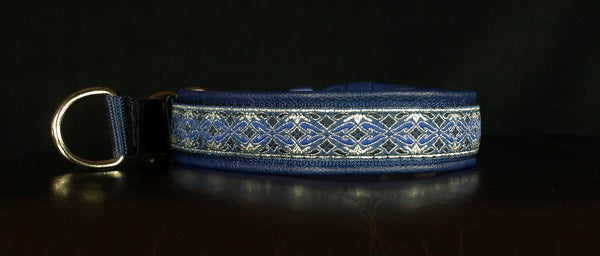 1 Inch Collar Silver and Blue Diamonds on Navy Web with Navy Leather and Chrome Hardware Keeper Collars