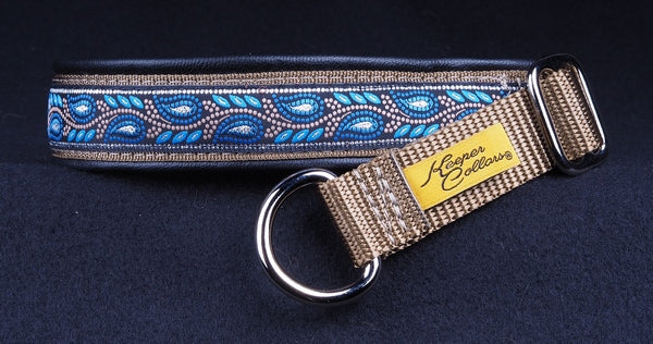 1 Inch Collar Silver and Blue Leaves on Coyote Web with Black Leather and Chrome Hardware