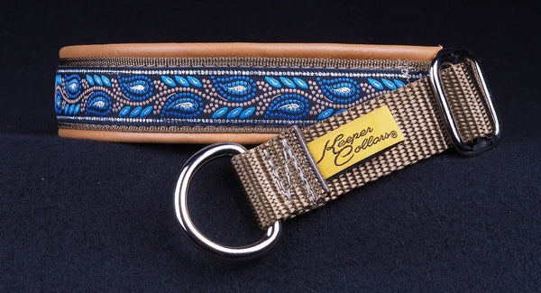 1 Inch Collar Silver and Blue Leaves on Coyote Web with Lt. Brown Leather and Chrome Hardware