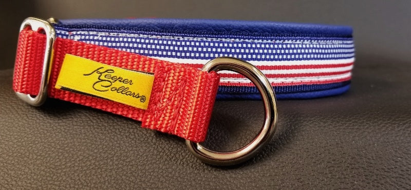1 Inch Collar Stars and Stripes on Navy Web with Lt. Navy Leather and a Red Tug and Chrome Hardware Keeper Collars