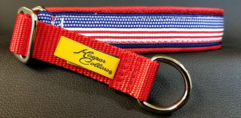 1 Inch Collar Stars and Stripes on Navy Web with Red Leather and a Red Tug and Chrome Hardware