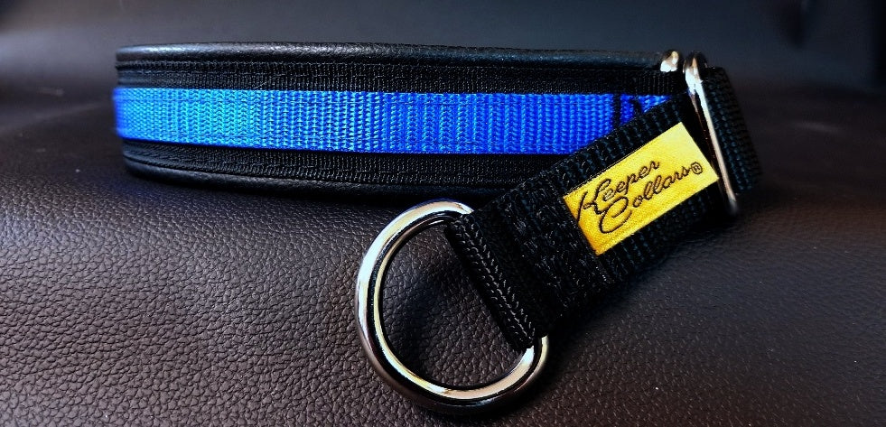 1 Inch Collar Thin Blue Line Royal Blue Web on Black Web with Black Leather and Chrome Hardware