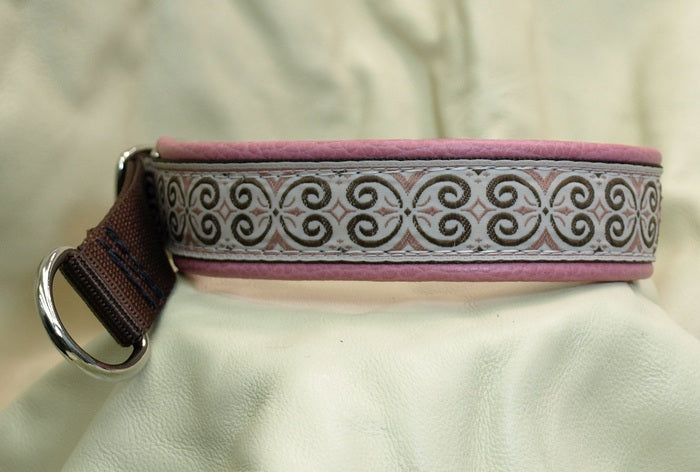1 Inch Collar Pink Scroll on Brown Web with Med. Dusty Pink Leather and Chrome Hardware