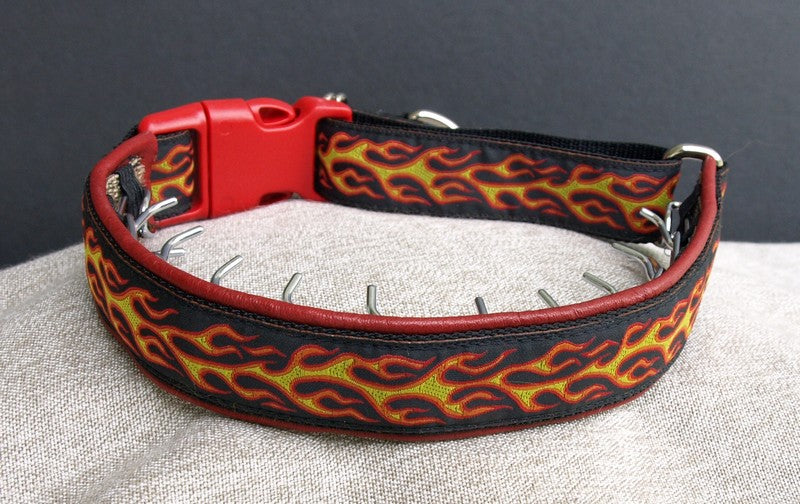 1 Inch Collar Red and Orange Flames on Black Web with Red Leather and Chrome Hardware
