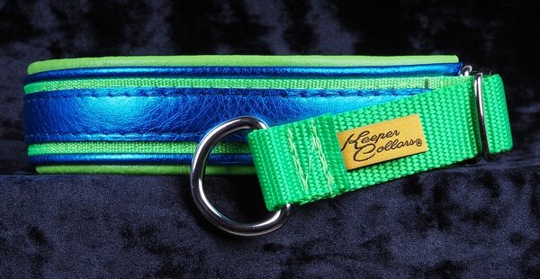 1 Inch Triple-Dog-Dare-Ya Collar Metallic Blue Leather on Lime Green Web with Metallic Blue and Lime Green Leather and Chrome Hardware