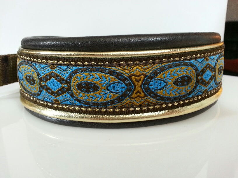 1 Inch Double Leather Collar Blue Konta on Brown Web with Gold and Dk. Brown Leather and Brass Hardware