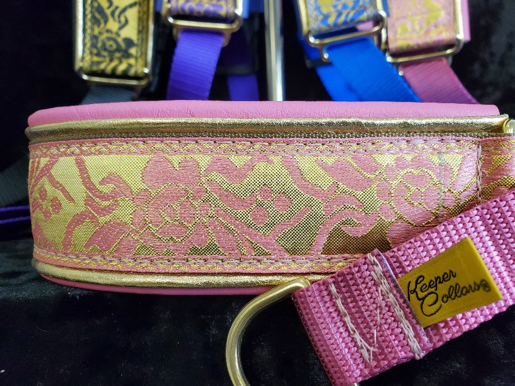 1 1/2 Inch Double Leather Collar Gold & Pink Rose on Coyote Web with Metallic Gold and Pink Leather with Brass Hardware