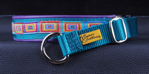 1 Inch Collar Colored Squares on Teal Web with Purple Leather and Chrome Hardware Keeper Collars