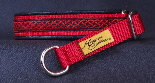 3/4 Inch Collar Red Celtic Knot on Reb Web with Black Leather and Chrome Hardware