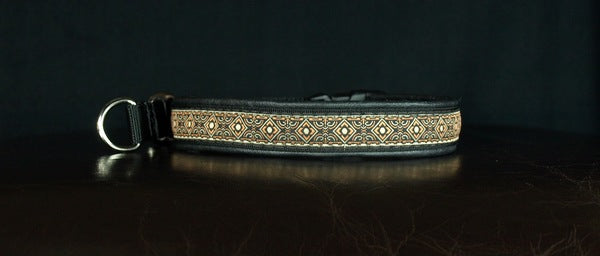 3/4 Inch Collar Brown Geo on Black Web with Black Leather and Chrome Hardware