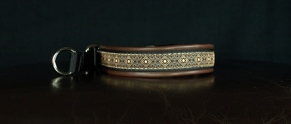 3/4 Inch Collar Brown Geo on Black Web with Brown Leather and Chrome Hardware