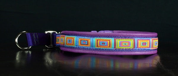 3/4 Inch Collar Colored Squares on Purple Web with Med. Purple Leather and Chrome Hardware Keeper Collars