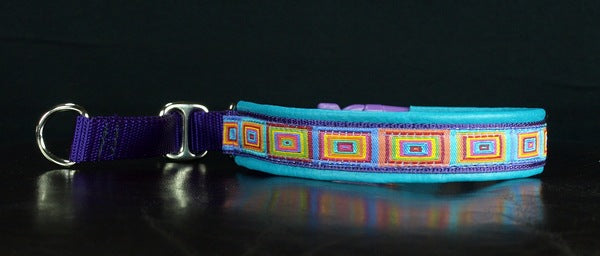 3/4 Inch Collar Colored Squares on Purple Web with Teal Leather and Chrome Hardware
