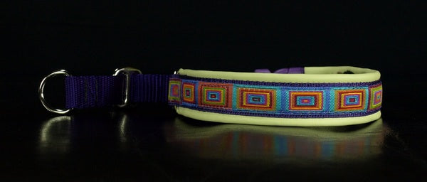 3/4 Inch Collar Colored Squares on Purple Web with Yellow Leather and Chrome Hardware