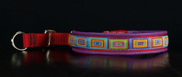 3/4 Inch Collar Colored Squares on Red Web with Med. Purple Leather and Chrome Hardware