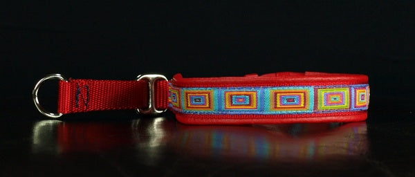 3/4 Inch Collar Colored Squares on Red Web with Red Leather and Chrome Hardware