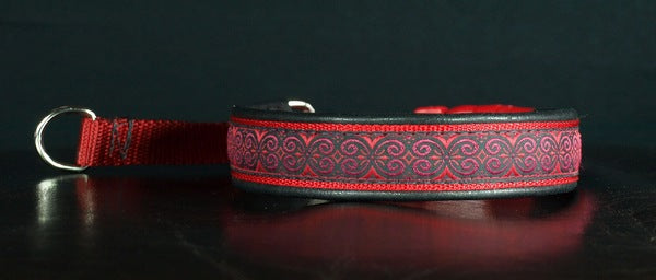 3/4 Inch Collar Red Scroll on Red Web with Black Leather and Chrome Hardware
