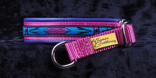 3/4 Inch Collar Teal and Purple Arizona on Dk. Pink Web with Purple Leather and Chrome Hardware