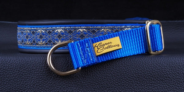 1 Inch Collar Gold and Blue Diamonds on Royal Blue Web with Black Leather and Brass Hardware