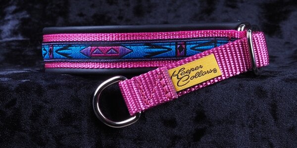 3/4 Inch Collar Teal and Purple Arizona on Dk. Pink Web with Black Leather and Chrome Hardware