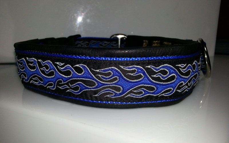 1 Inch Collar Blue and Gray Flames on Blue Web with Black Leather and Chrome Hardware
