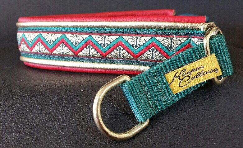 1 Inch Double Leather Hidden Prong Collar Red and Green Zig Zag on Kelly Green Web with Metallic Gold and Red Leather and Brass Hardware